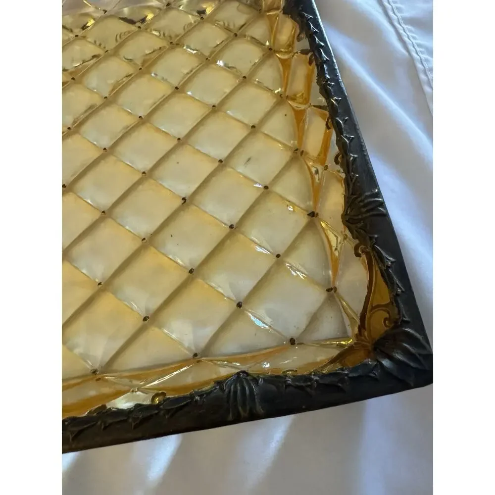 Quilted Pattern Bronze Tray Gold Brown Art Nouveau Vintage Inspired Amber Lucite